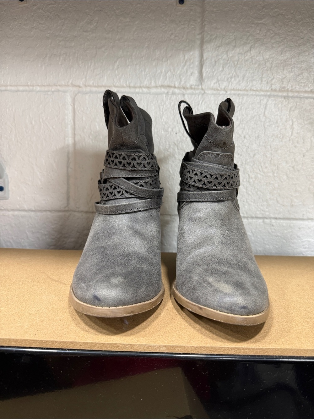 Women's Gray Suede Ankle Boots with Decorative Straps